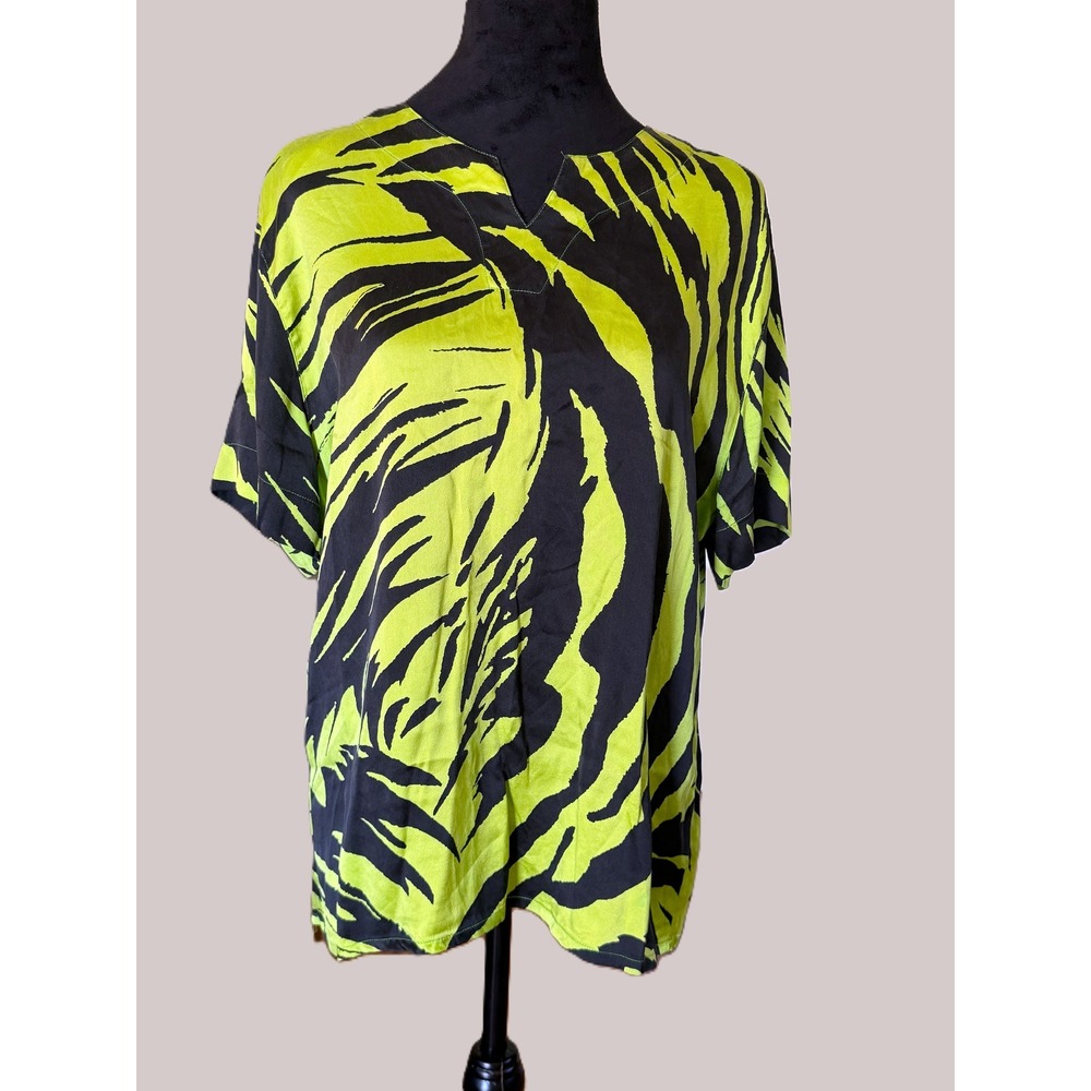 Escada Saks Fifth Avenue Silk Blouse‎ 42 Green Black Tropical Zebra Print Top